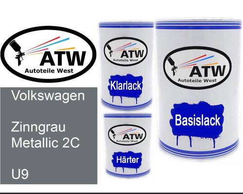 Volkswagen, Zinngrau Metallic 2C, U9: 500ml Lackdose + 500ml Klarlack + 250ml Härter - Set, von ATW Autoteile West.